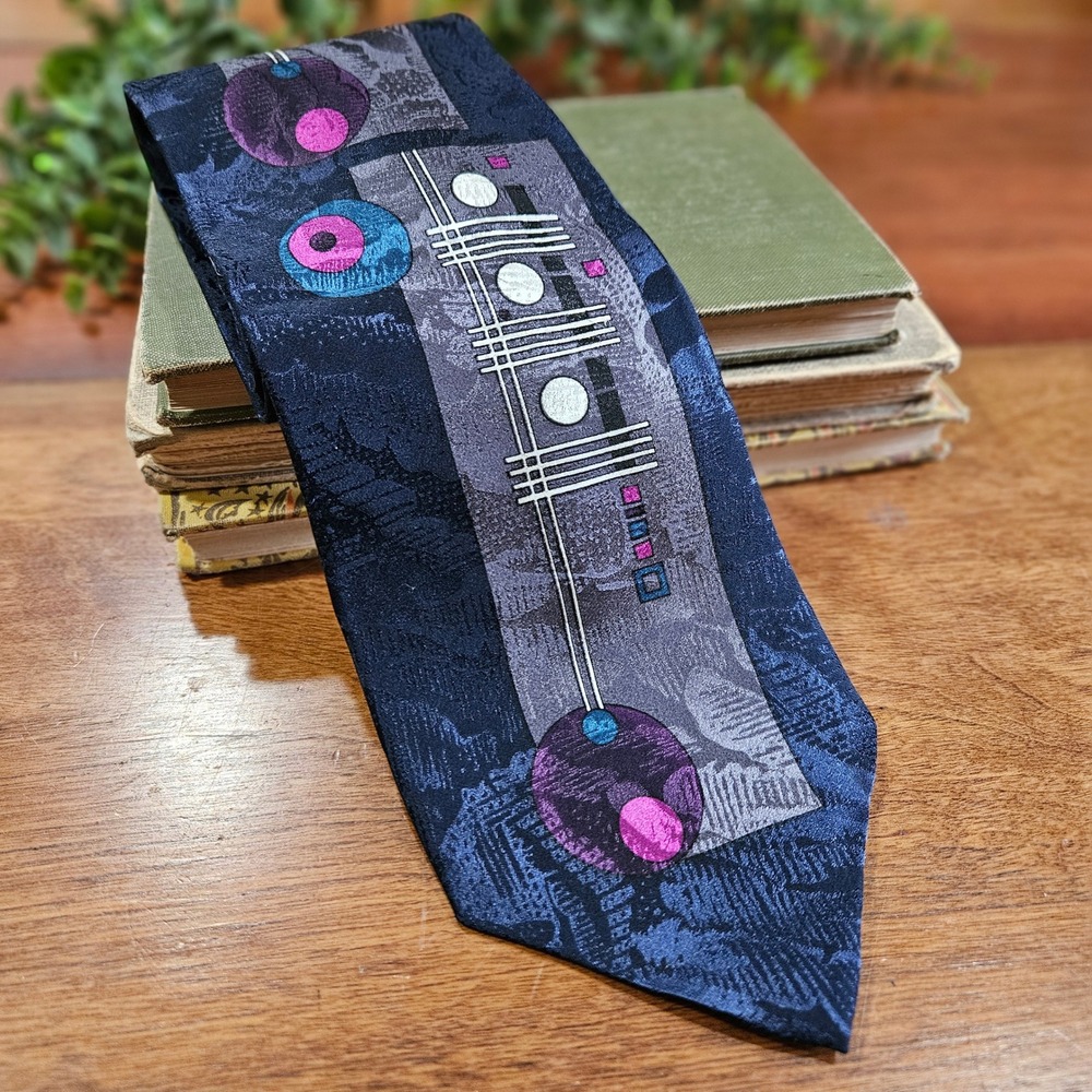 Upbeat by Roffe 100% Silk Necktie Abstract Geometric 90s Wide Vintage Gray Teal